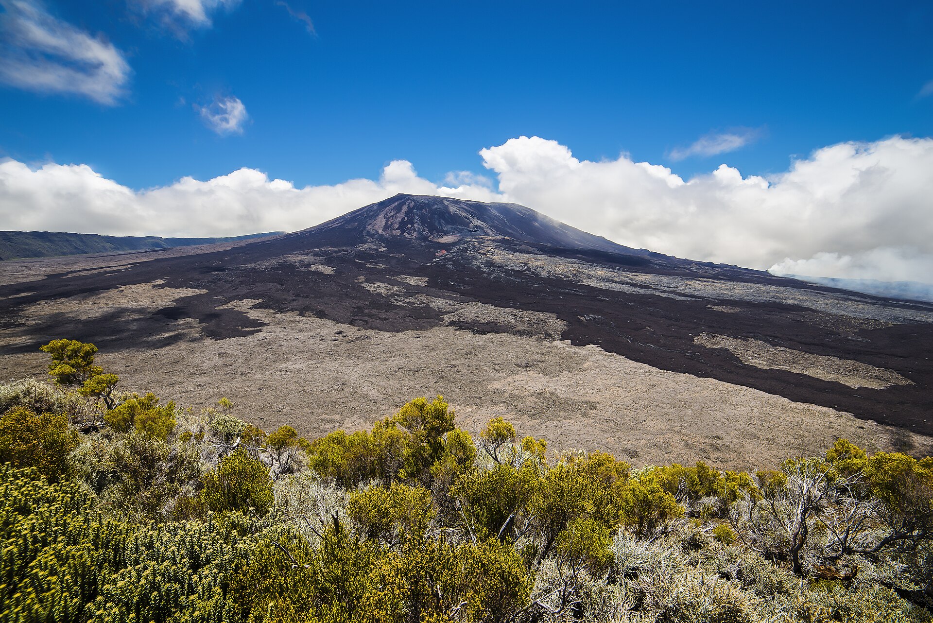 Le massif de la Fournaise au-dessus des fougères des Hauts